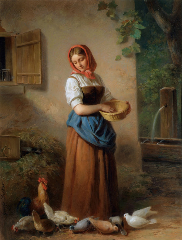 Ein Mädchen Hühner und Tauben fütternd 1850 1855
