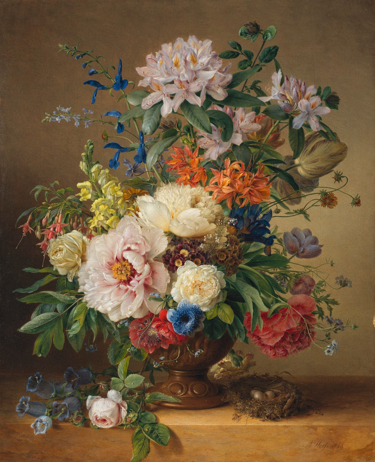 A peony rhododendron azalea antirrhinum and larkspur in an in a sculpted urn on
