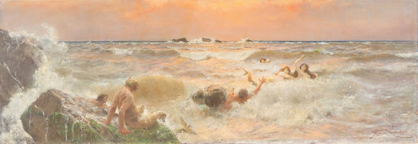 Mermaids frolicking in the sea at sunset
