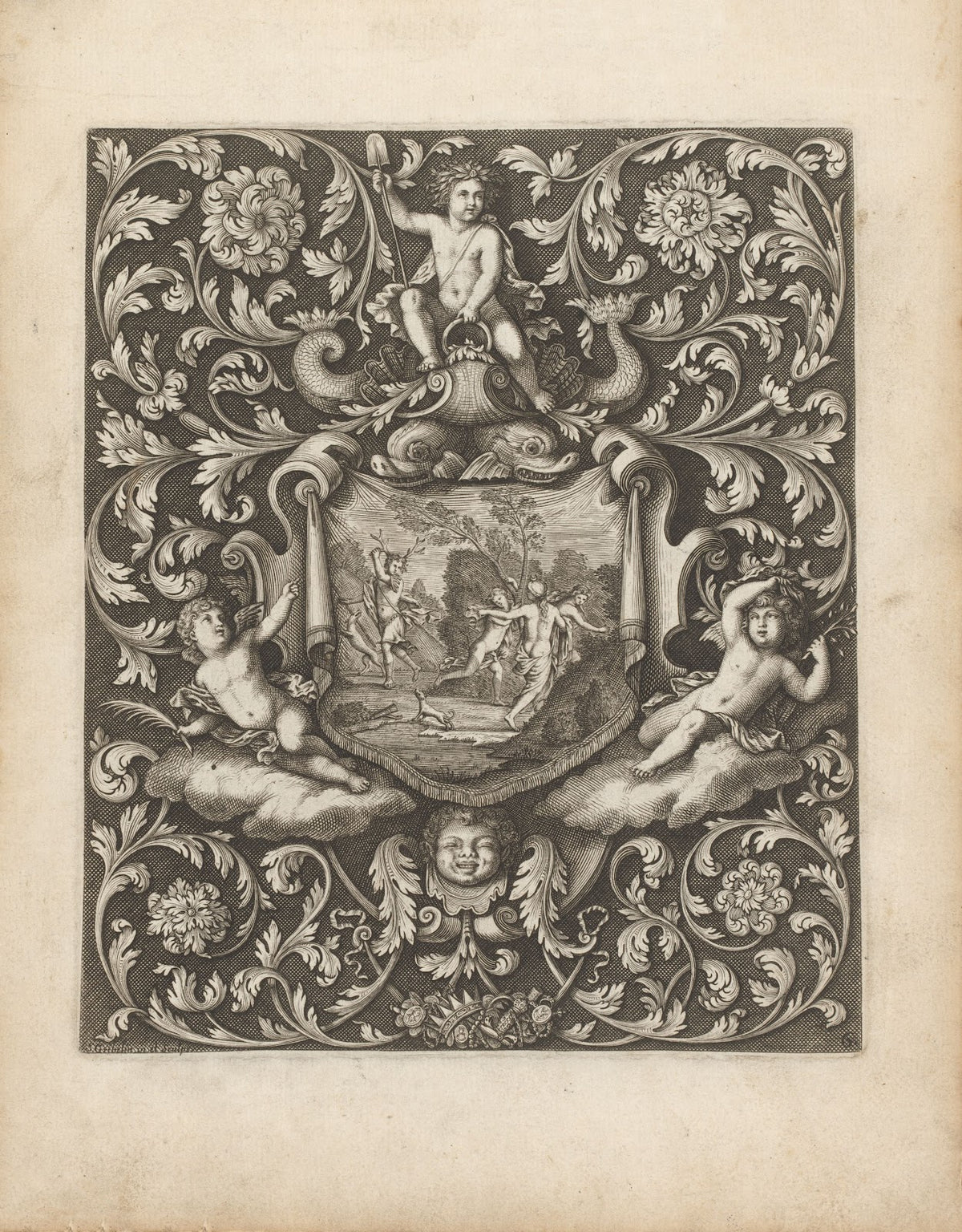 Cloth with Diana and Actaeon surrounded by putti and leaf shaped ornaments 1704