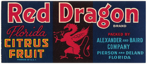 Red Dragon Brand Florida Citrus Fruit Label 1930 1950