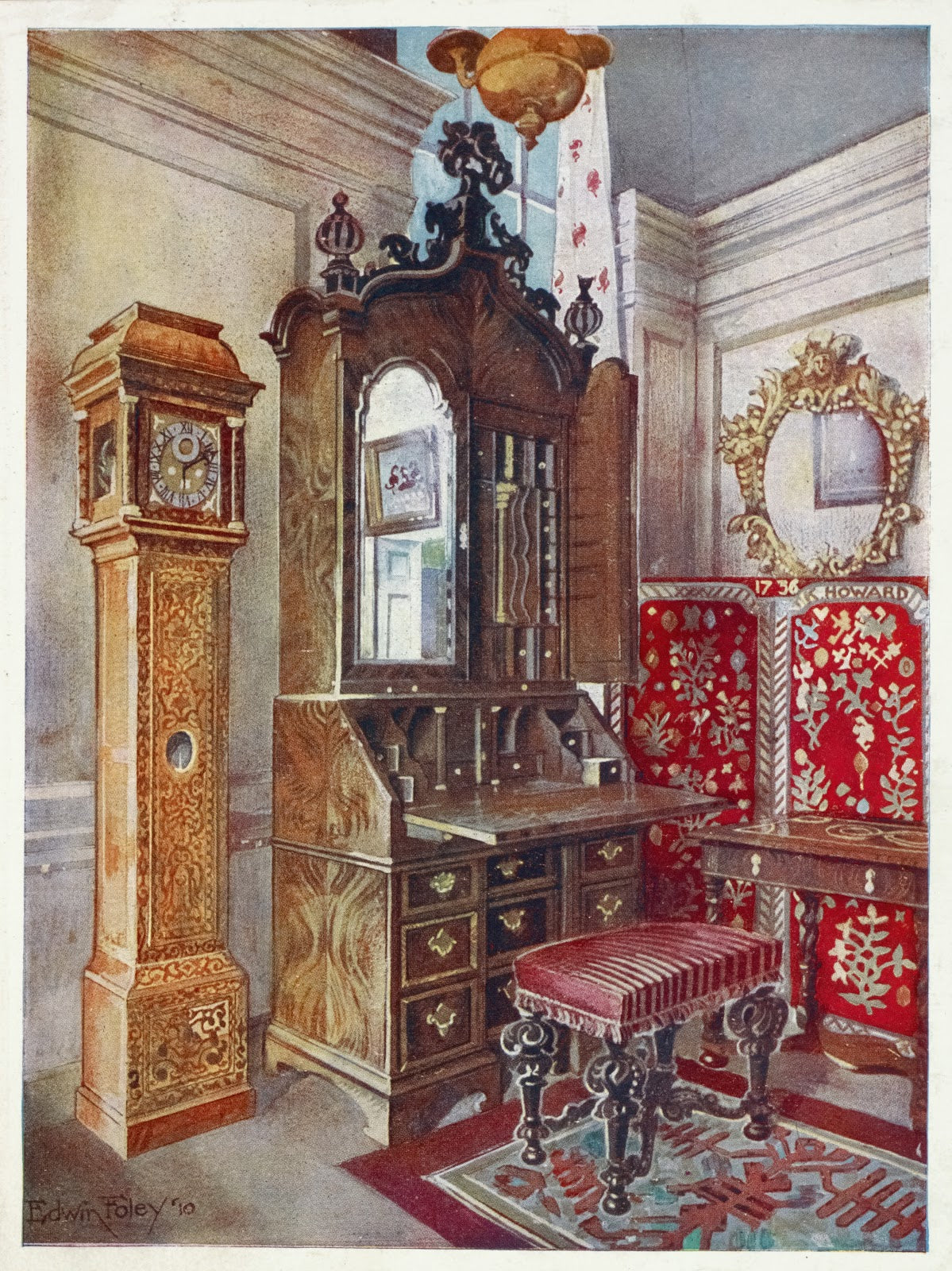 Walnut cabinet top scrutoire Inlaid sycamore yellow clock Carved tabouret 1910