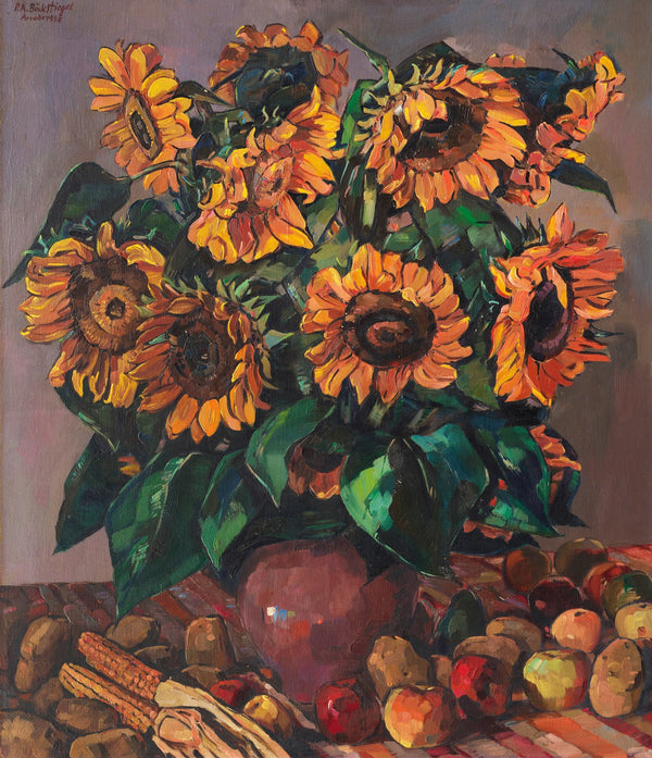 Sonnenblumen mit Äpfeln und Maiskolben 1938