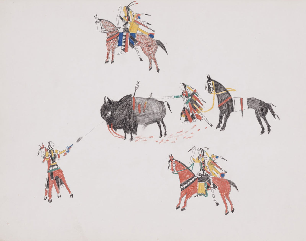Bison hunt with Indians on horseback and on foot 1876