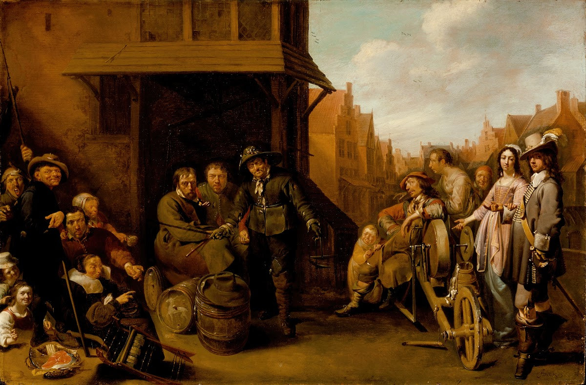 A Street Scene with Knife Grinder and Elegant Couple circa 1655