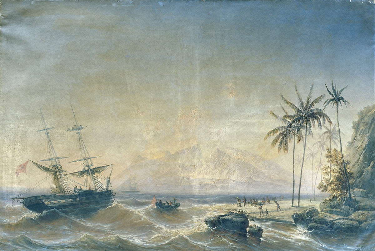 Kriegsschiff vor den Südseeinseln 1854
