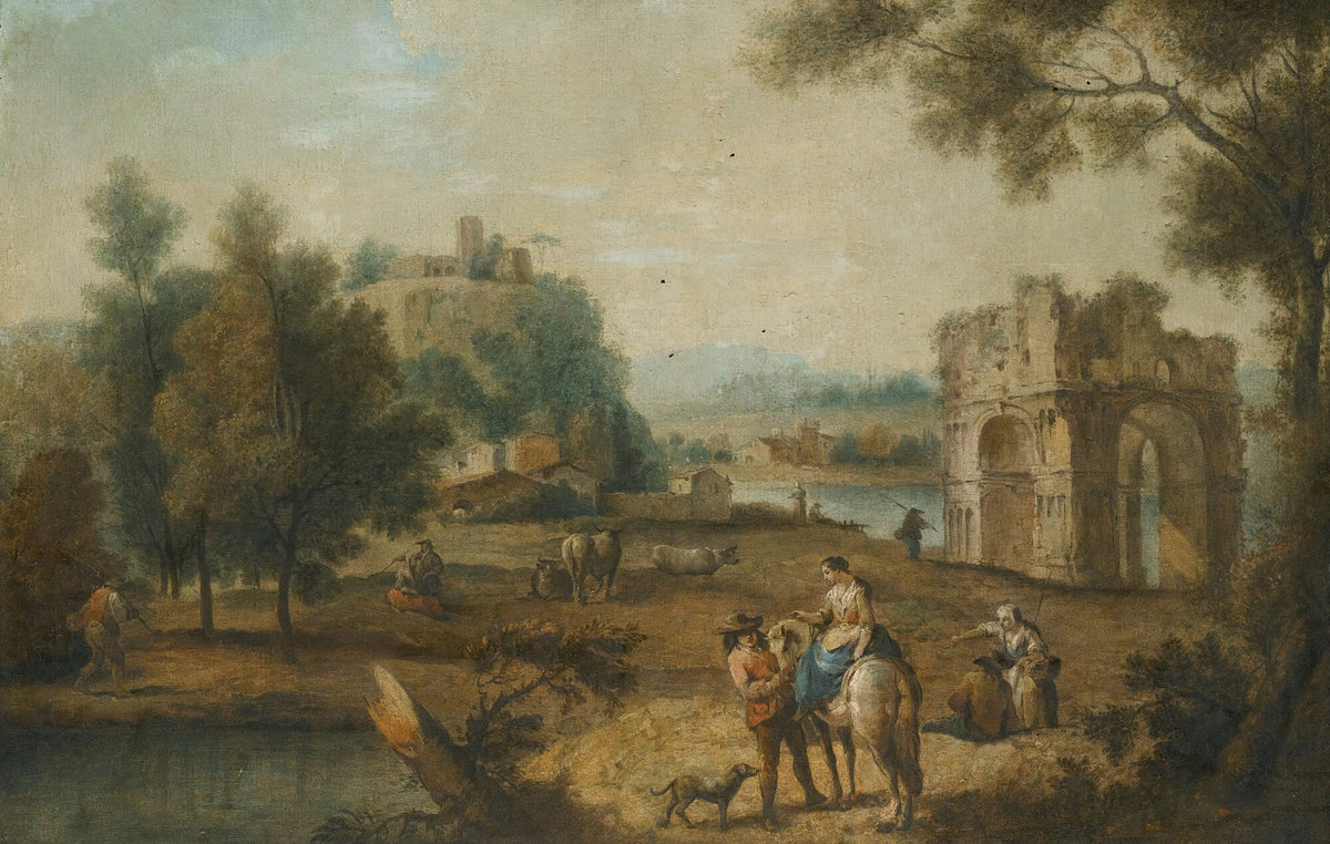 A Landscape With A Roman Ruin And Figures Resting Beside A Stream