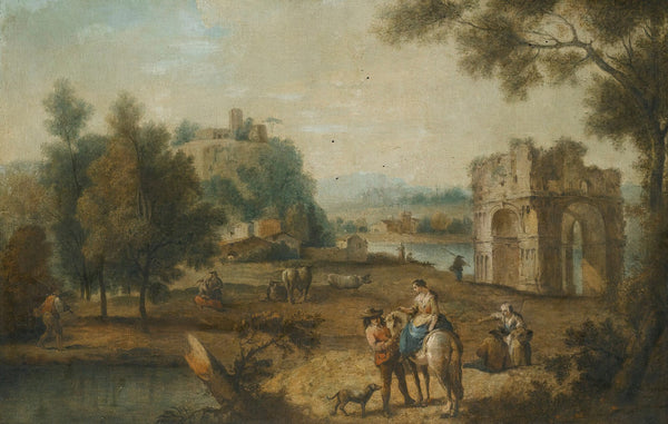 A Landscape With A Roman Ruin And Figures Resting Beside A Stream