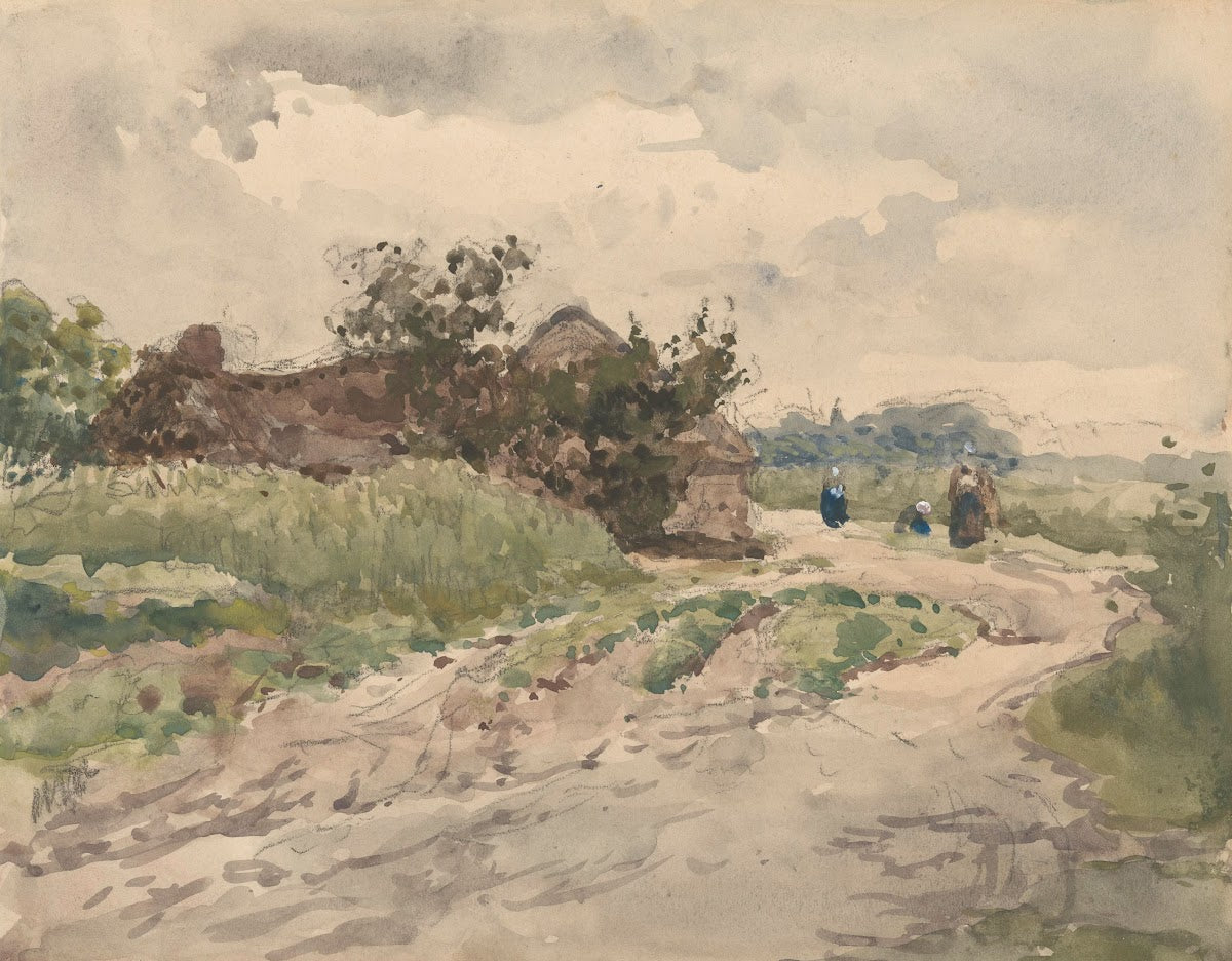 Landweg met enkele figuren leidend naar een boerderij 1845   1925