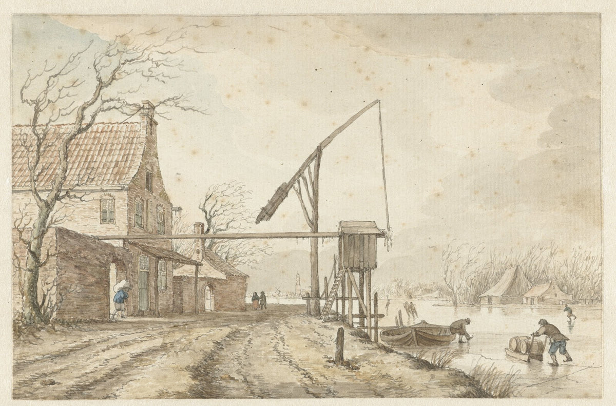 Winterlandschap met huizen en hefboom langs bevroren vaart 1771