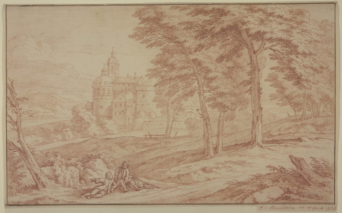 Landschaft links ein Schloß rechts Bäume vorne zwei Knaben am Wege sitzend 1737
