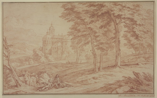 Landschaft links ein Schloß rechts Bäume vorne zwei Knaben am Wege sitzend 1737