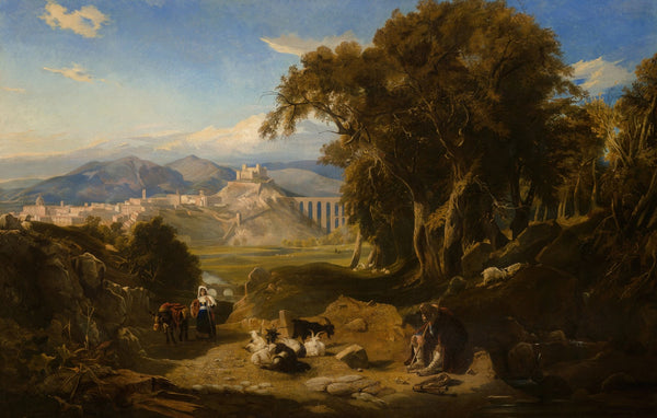 A view of the Umbrian campagna with Spoleto in the distance and a goatherd and h