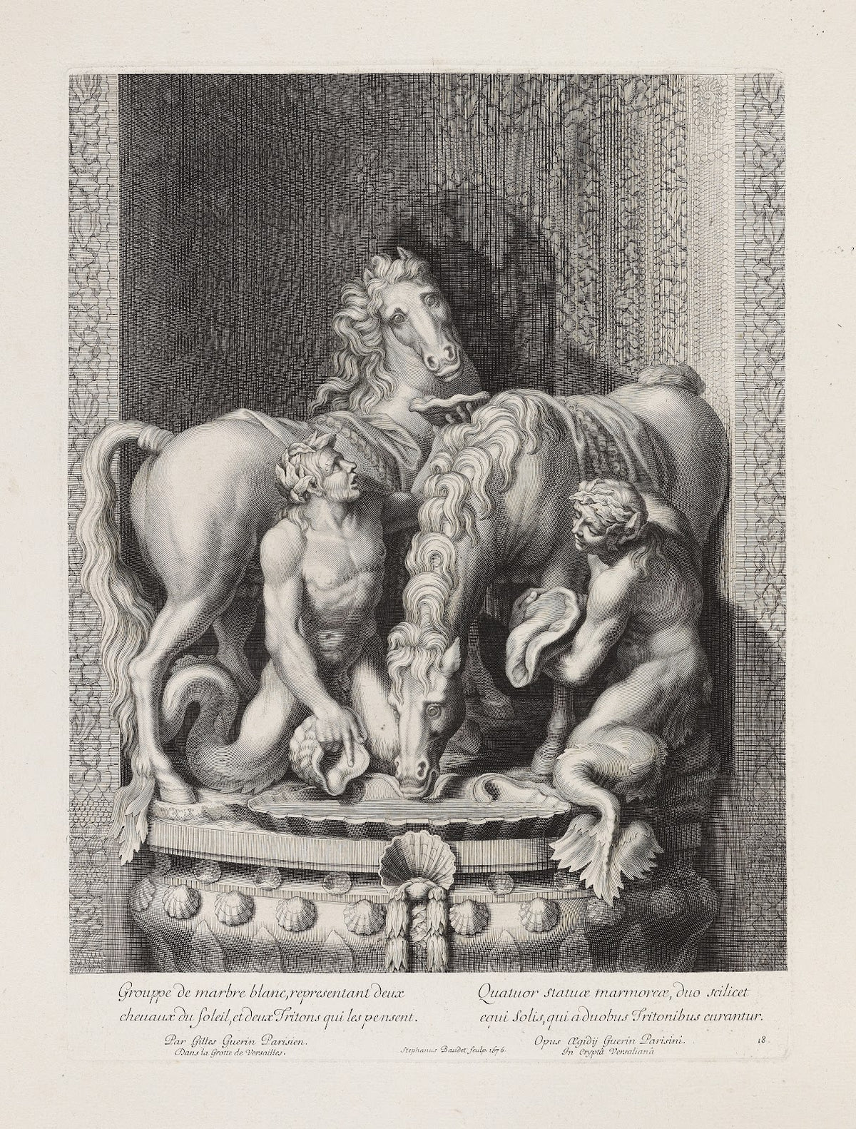 White marble scene representing two horses of the sun and two Tritons thinking o
