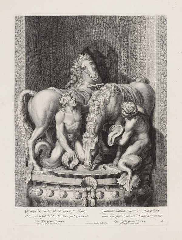 White marble scene representing two horses of the sun and two Tritons thinking o