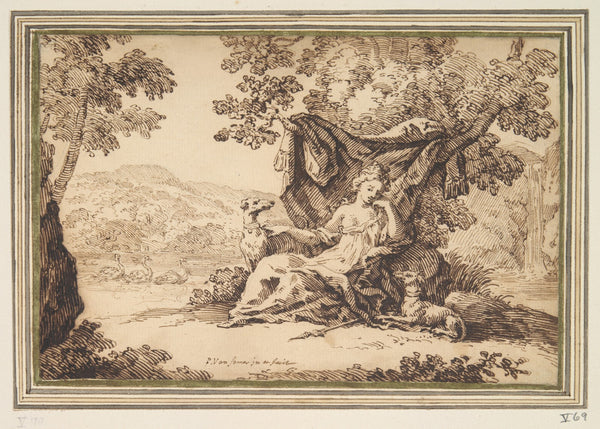 Woman with Two Dogs Seated in aLandscape 17thcentury