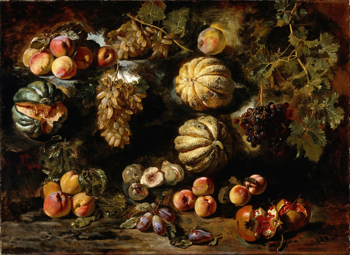 Still Life with Melons Peaches Figs and Grapes circa 1640