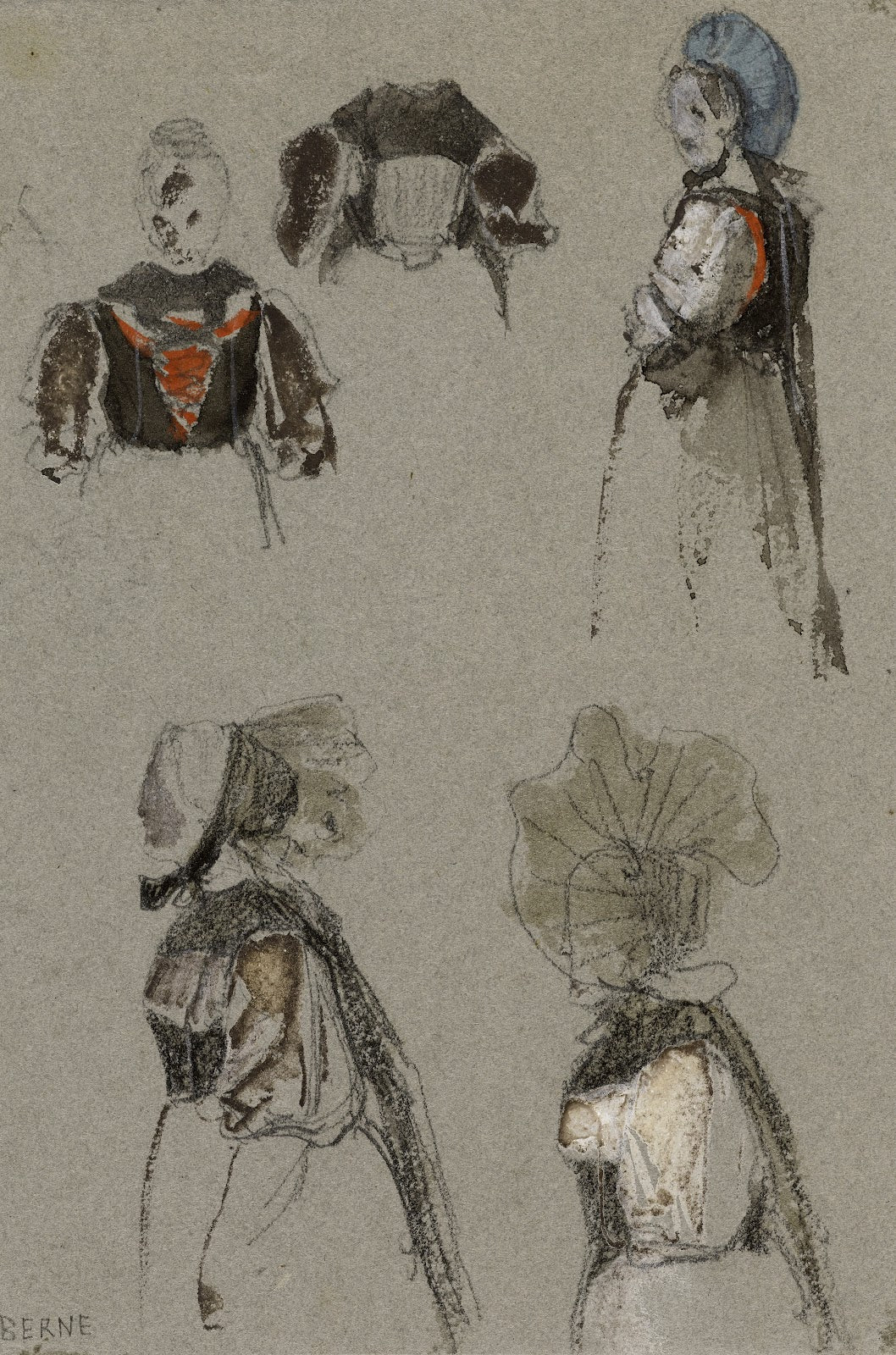 Cinq études de costumes féminins profil et face