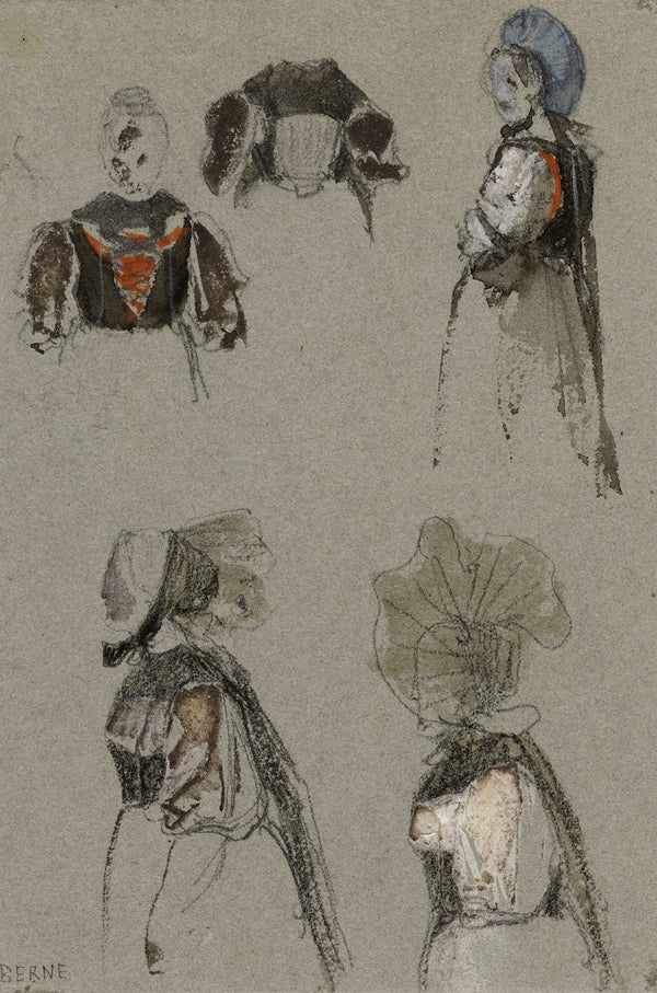 Cinq études de costumes féminins profil et face