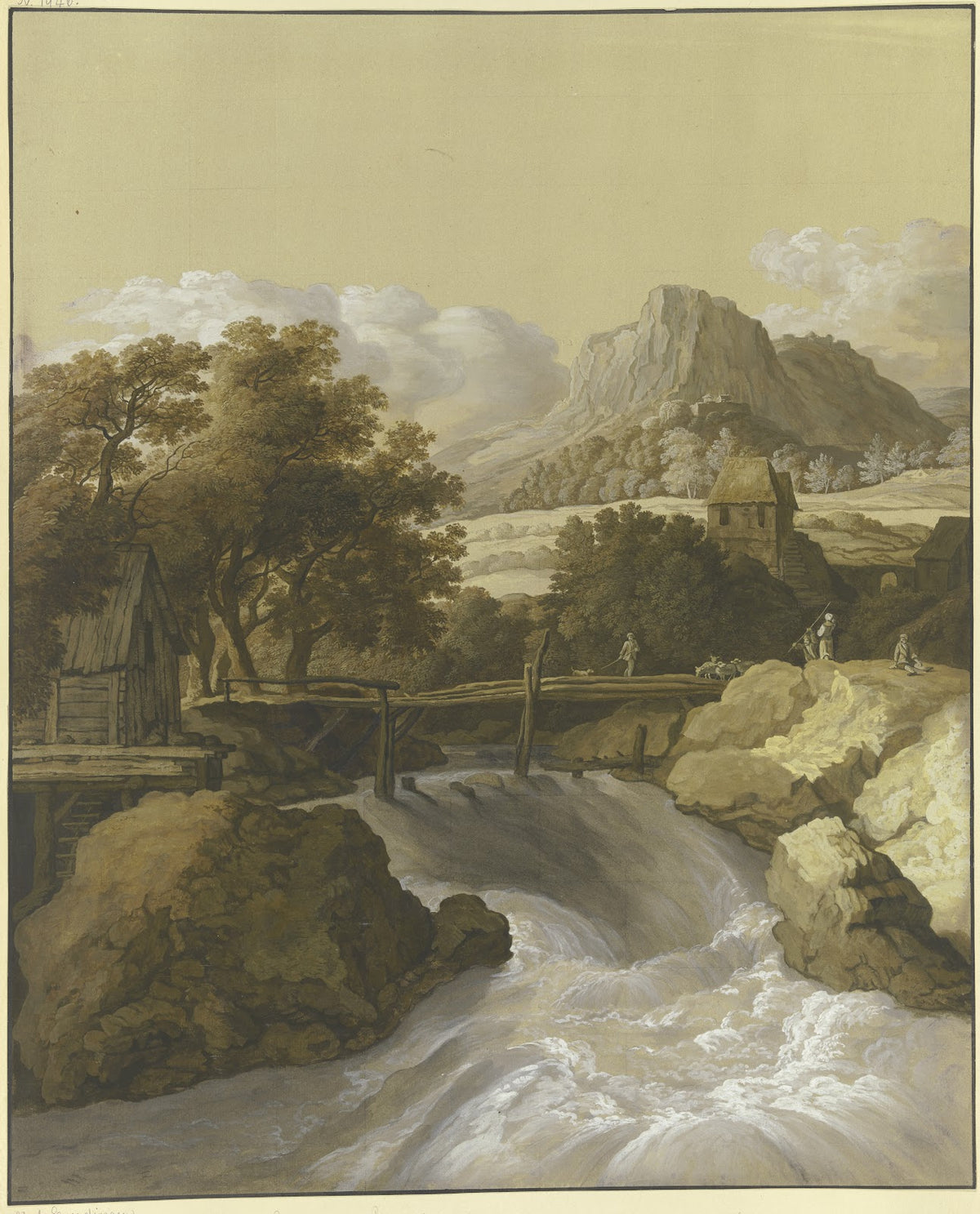 Ein reißender Bach mit einer Brücke und Blick in ein Tal