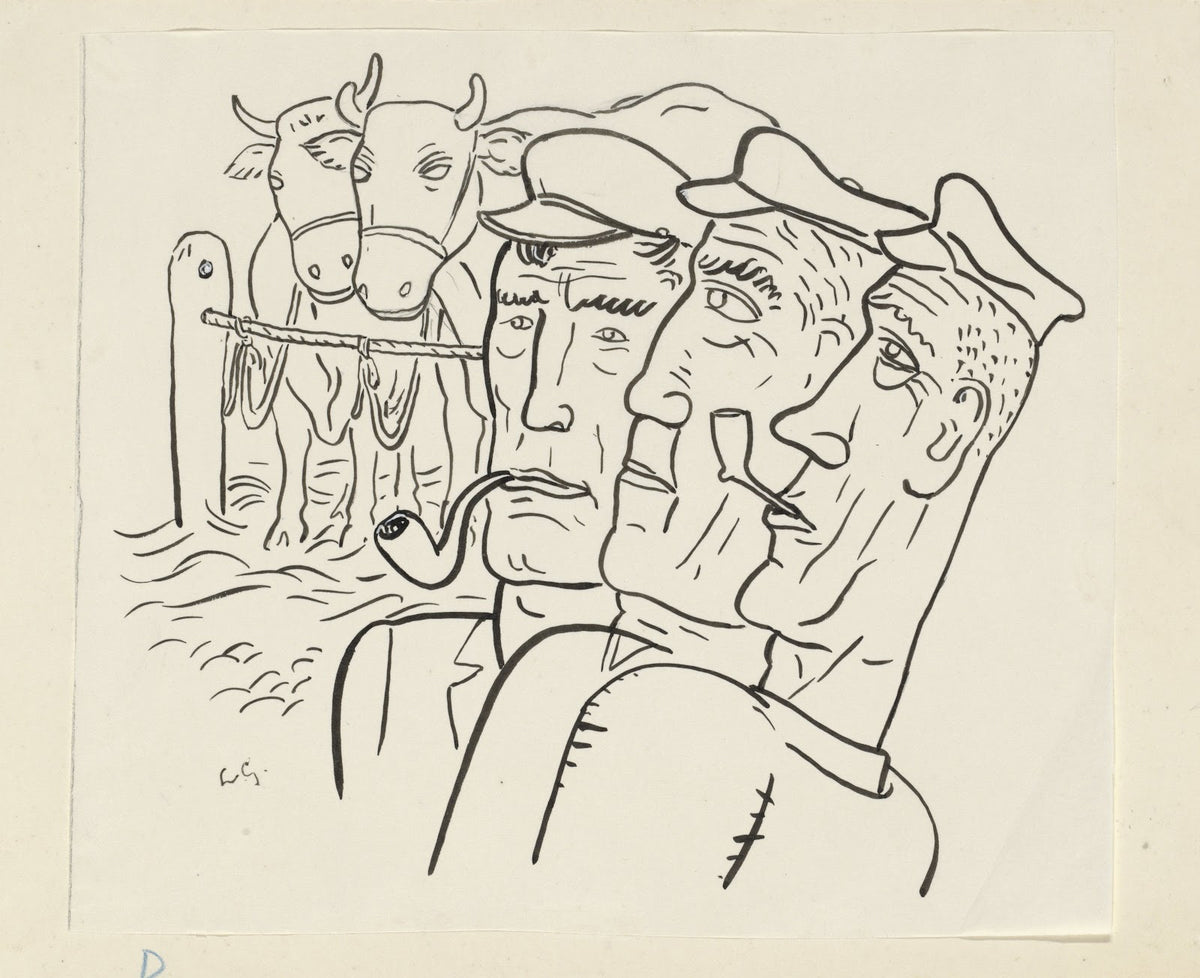Drie boeren met op de achtergrond twee koeien 20th century