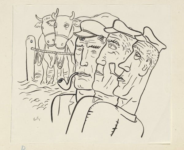 Drie boeren met op de achtergrond twee koeien 20th century