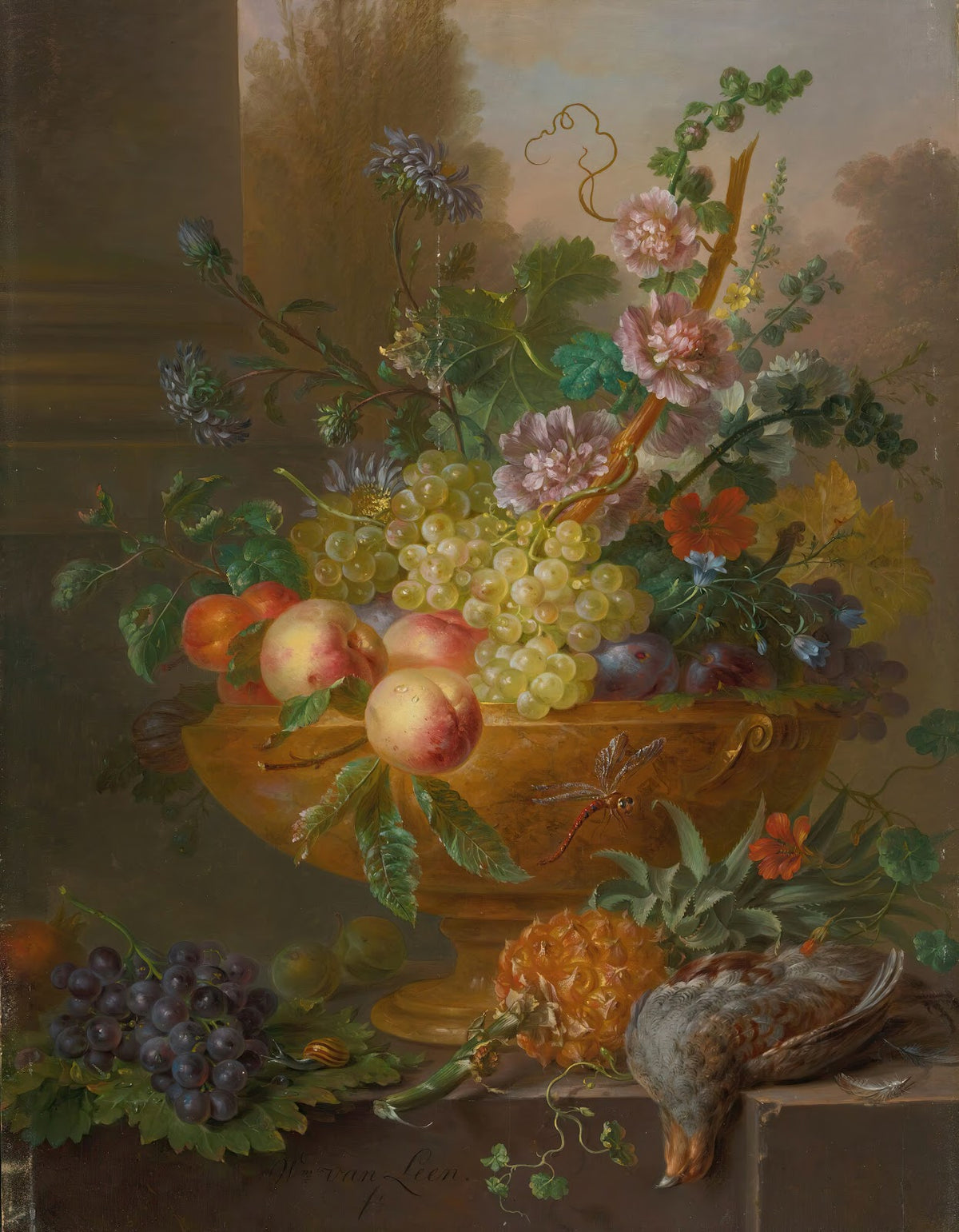 An urn filled with flowers grapes peaches plums and apricots a pineapple and a p