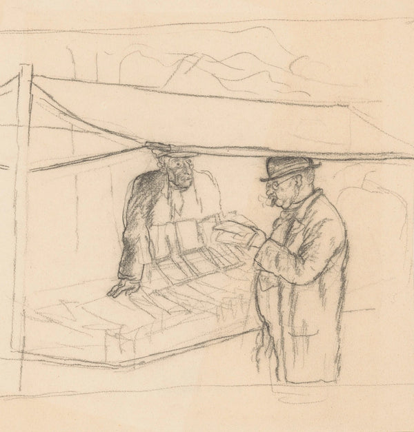 Studie voor de litho Het boekenstalletje lezende man en boekverkoper het stallet