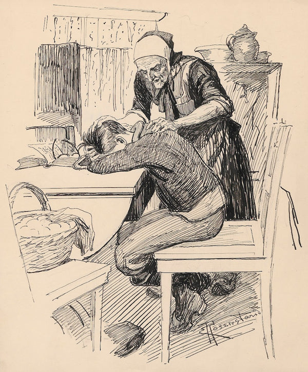 Elderly farmers wife comforts boy 1879 1932