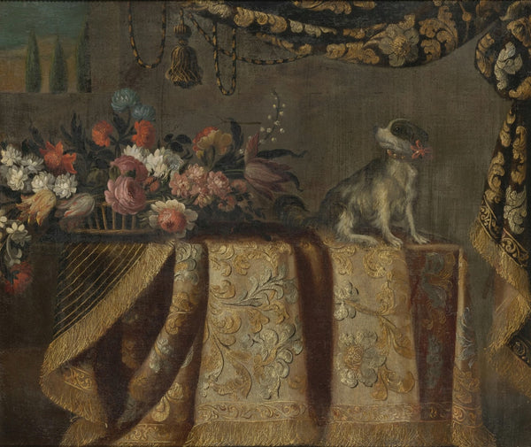 Still Life of Flowers with a Toy Spaniel all on a draped table