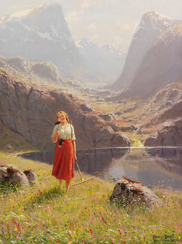 Summer by the Norwegian fjord  girl returning home with a rake and box ca1900 1