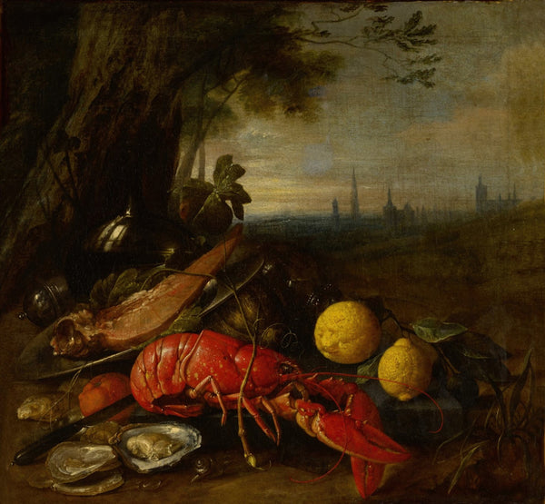 Still life of alobster oysters and lemons beneath a tree with a view of Brussels