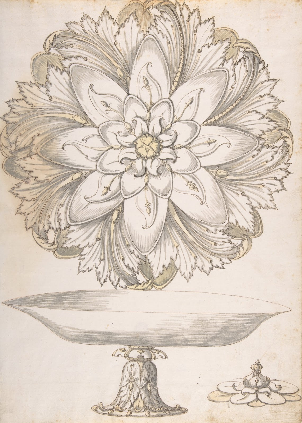 Design for Single Footed Dish with Cover Shaped like Flower and Foliage 16th cen