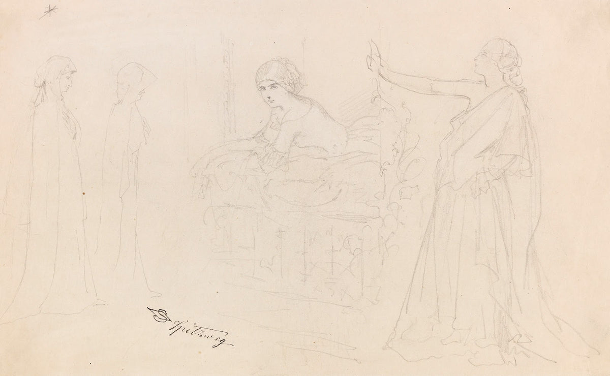 Figurenstudien Eremit Junge Frau am Fenster Allegorie 1840