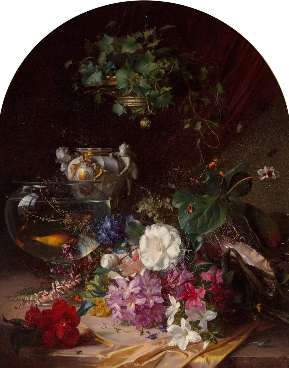 Still life with flowers a porcelain vase and a goldfish bowl 1849