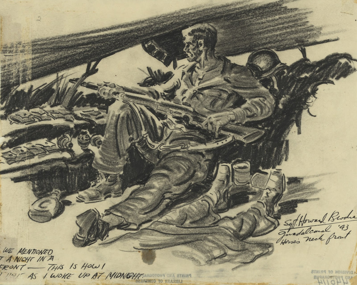 Scene in a Guadalcanal foxhole near the front at midnight 1943