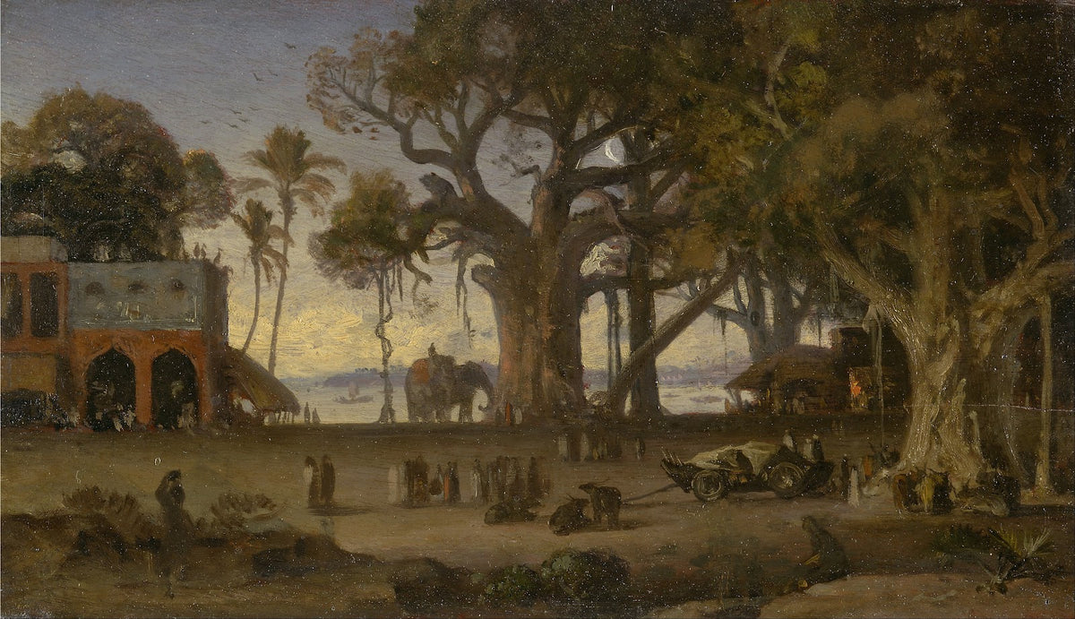 Moonlit Scene of Indian Figures and Elephants among Banyan Trees Upper India pro