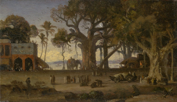 Moonlit Scene of Indian Figures and Elephants among Banyan Trees Upper India pro