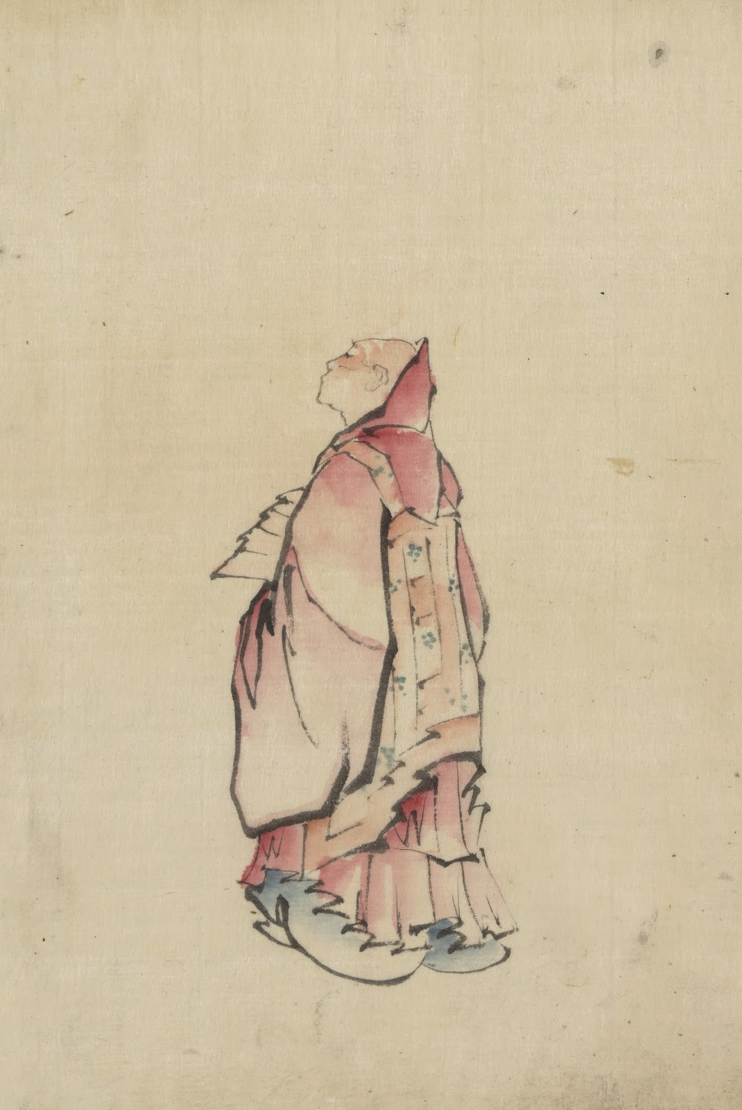 Side view of a monk full length portrait facing left wearing gown with hood 1830