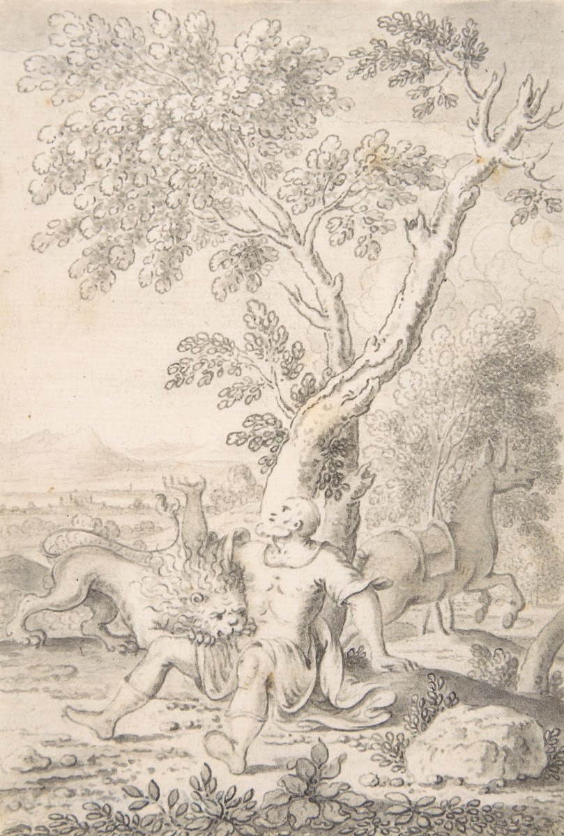 A Man under a Tree Bitten by a Lion while his Horse Escapes 1692