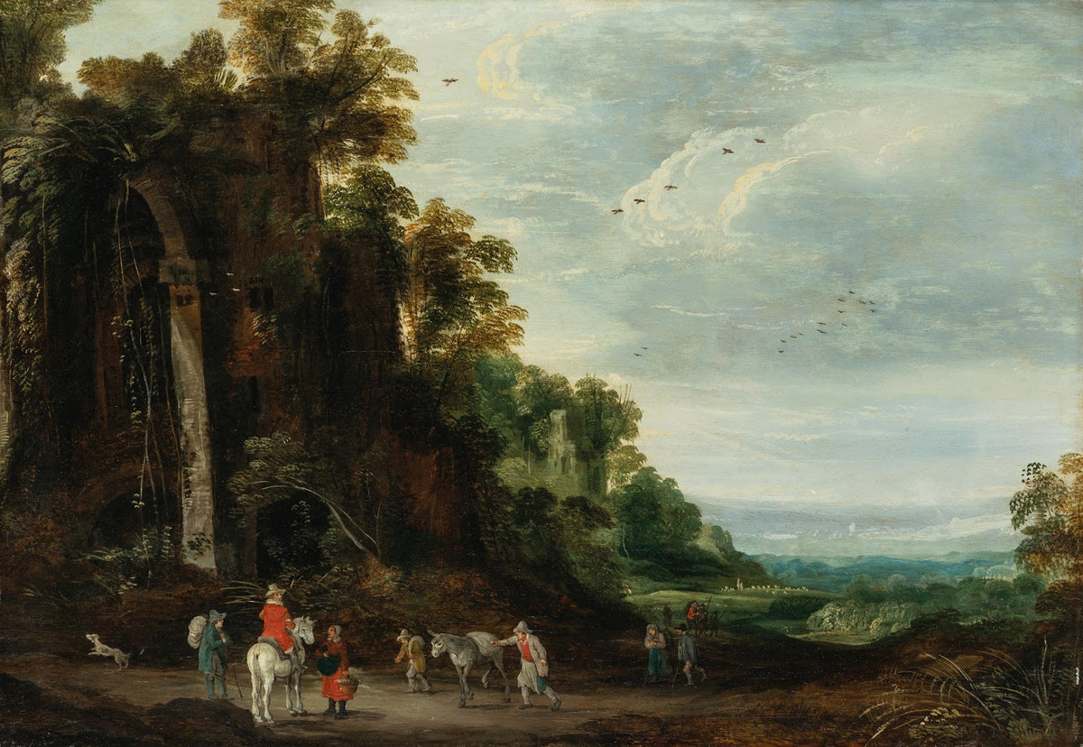 A wooded landscape with a rider conversing with peasants near an overgrown castl
