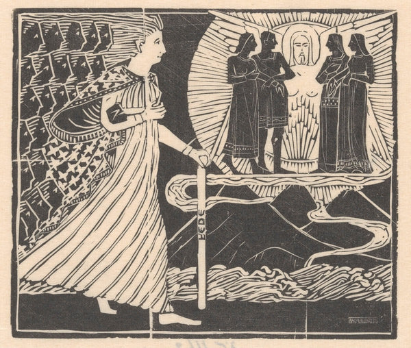 Wandelende vrouw en gevleugelde figuur