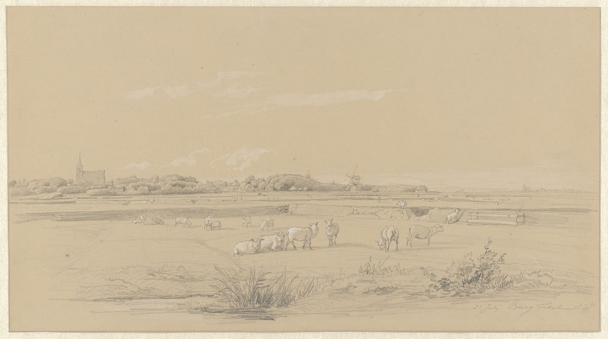 Gezicht over weilanden met schapen op Den Burg Texel 1847