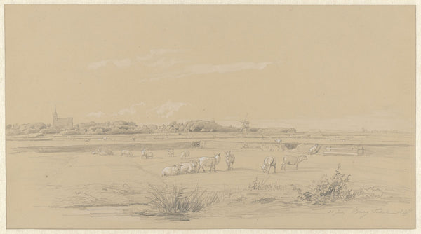 Gezicht over weilanden met schapen op Den Burg Texel 1847