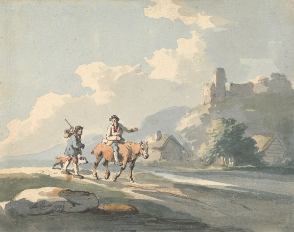 Composition two travellers and a dog on a road passing cottages with ruins on a