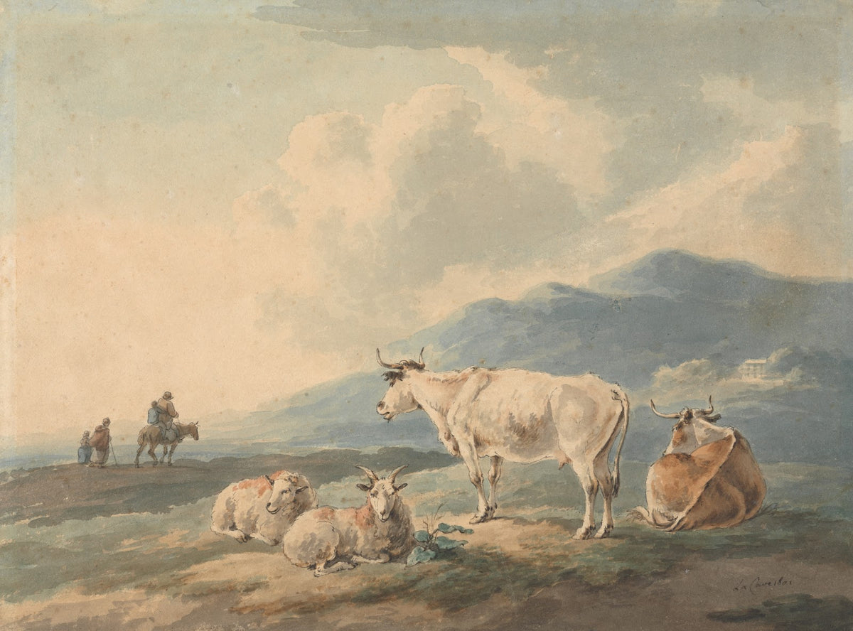 Mountain Landscape with cows and goats foreground and figures left 1801