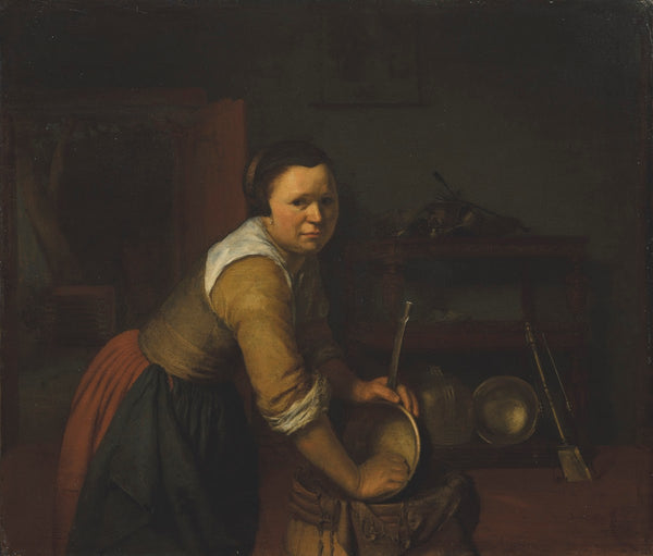 A maid washing pans in a kitchen