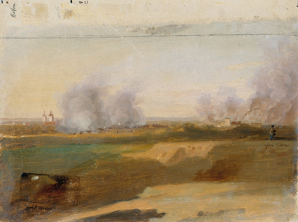 Landschaftsstudie mit brennenden Dörfern im Hintergrund 1830 1840
