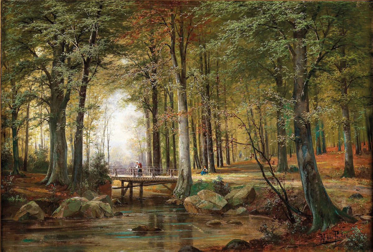 A Wooded Landscape with a Creek and a Bridge
