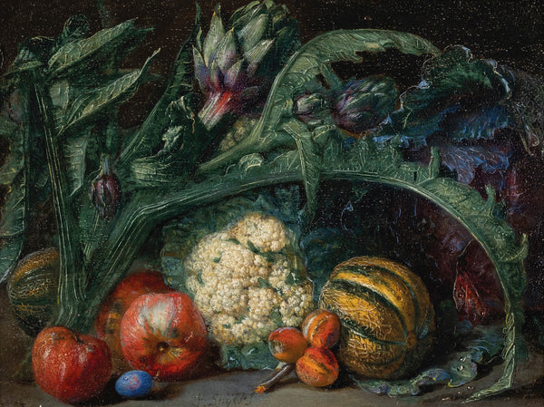 Artichokes apples and melons on a ledge